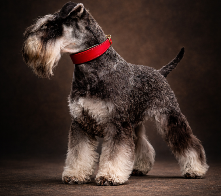 Schnauzer avec collier chien cuir rouge artisanal schnauzer portant un collier chien cuir rouge large artisanal